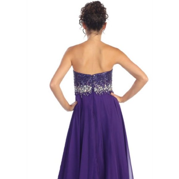 NEW LONG SLEEVELESS A-LINE CHIFFON DRESS EMBROIDERED WITH RHINESTONES GL1060 - Picture 8 of 11